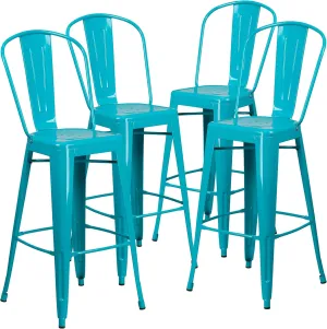 Flash Furniture Blake Commercial Grade 4 Pack 30" High Crystal Teal-Blue Metal Indoor-Outdoor Barstool with Back