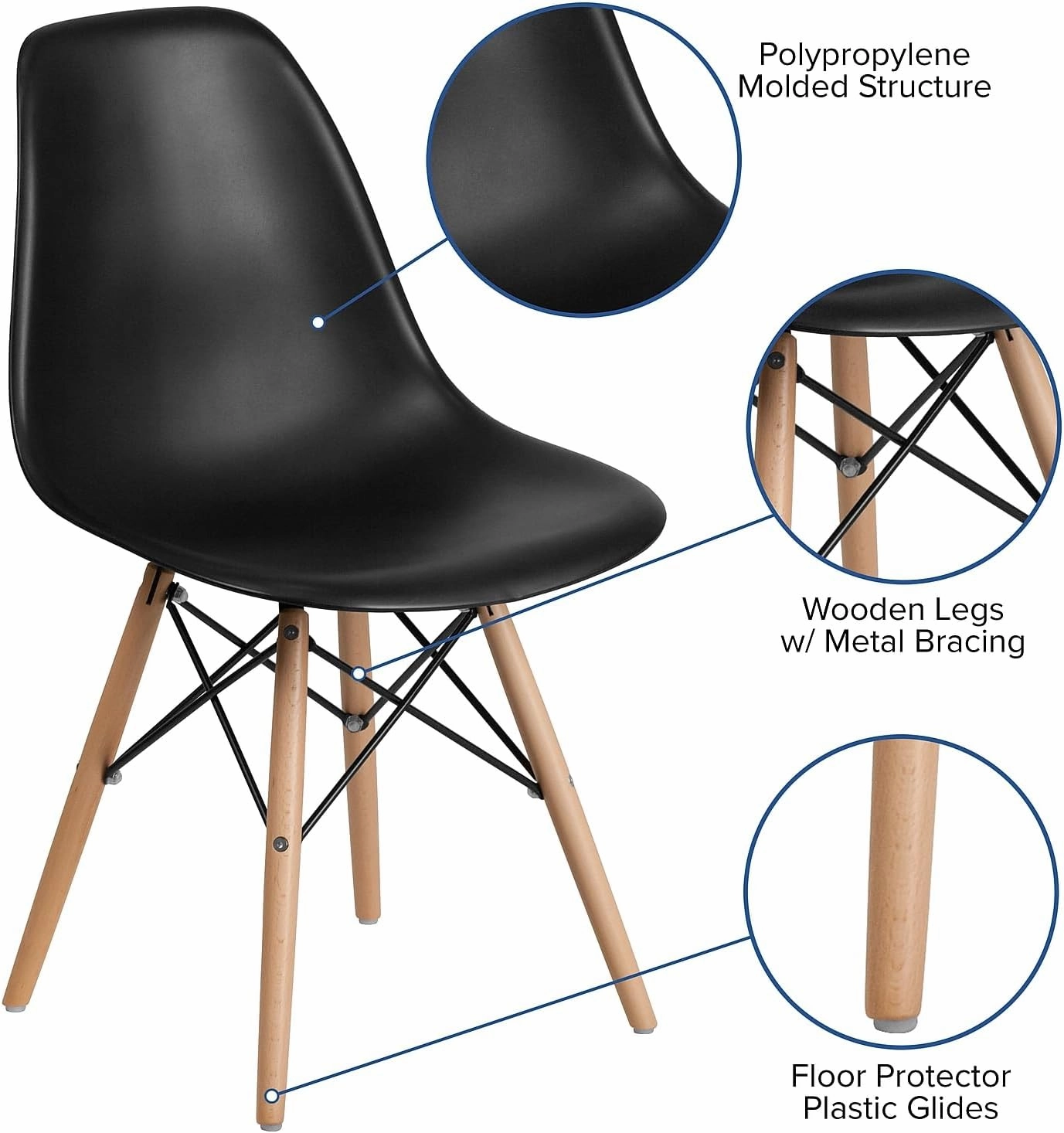 Flash Furniture 2 Pack Elon Series Black Plastic Chair with Wooden Legs for Versatile Kitchen, Dining Room, Living Room, Library or Desk Use