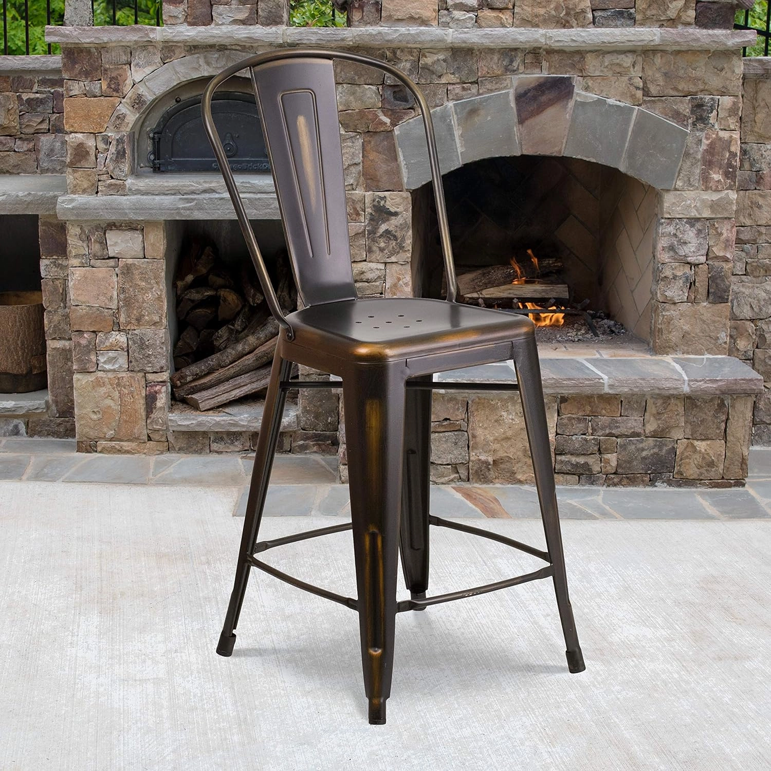 Flash Furniture Blake Commercial Grade 4 Pack 24" High Distressed Copper Metal Indoor-Outdoor Counter Height Stool with Back