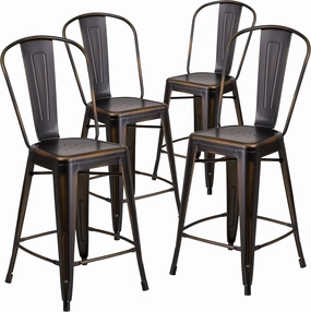 Flash Furniture Blake Commercial Grade 4 Pack 24" High Distressed Copper Metal Indoor-Outdoor Counter Height Stool with Back