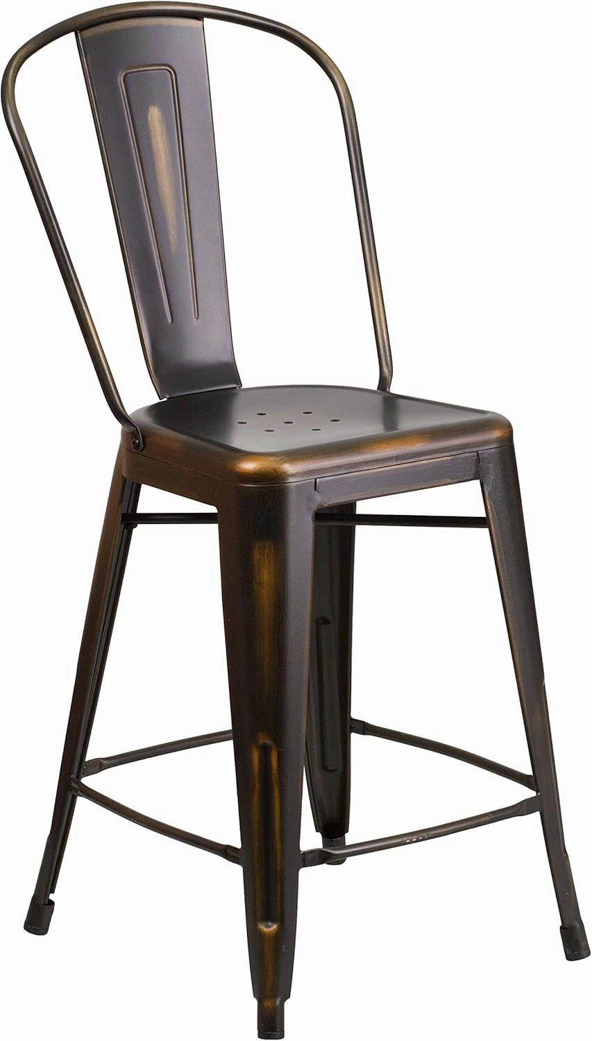 Flash Furniture Blake Commercial Grade 4 Pack 24" High Distressed Copper Metal Indoor-Outdoor Counter Height Stool with Back