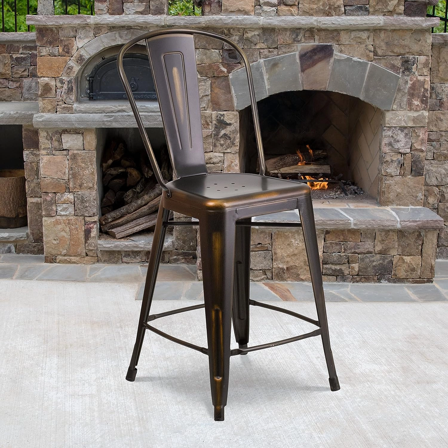 Flash Furniture Blake Commercial Grade 4 Pack 24" High Distressed Copper Metal Indoor-Outdoor Counter Height Stool with Back