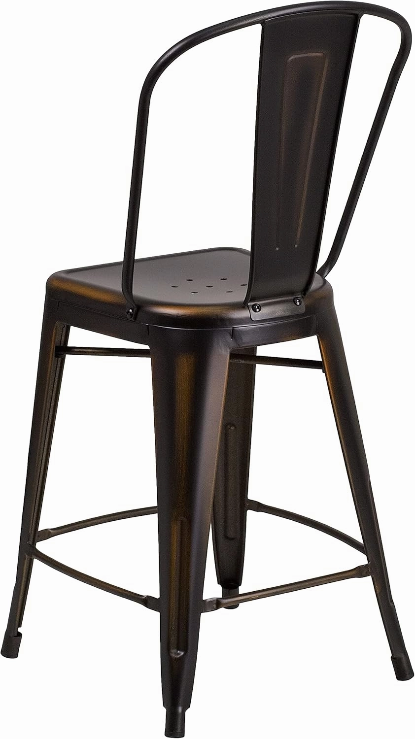 Flash Furniture Blake Commercial Grade 4 Pack 24" High Distressed Copper Metal Indoor-Outdoor Counter Height Stool with Back