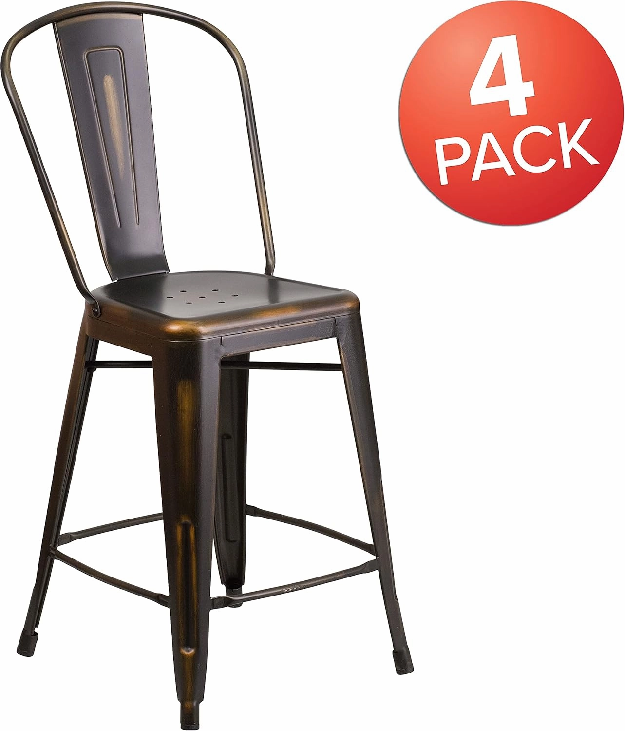 Flash Furniture Blake Commercial Grade 4 Pack 24" High Distressed Copper Metal Indoor-Outdoor Counter Height Stool with Back