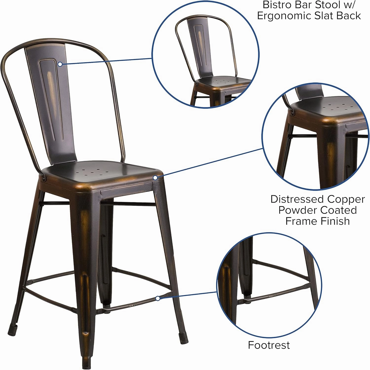 Flash Furniture Blake Commercial Grade 4 Pack 24" High Distressed Copper Metal Indoor-Outdoor Counter Height Stool with Back