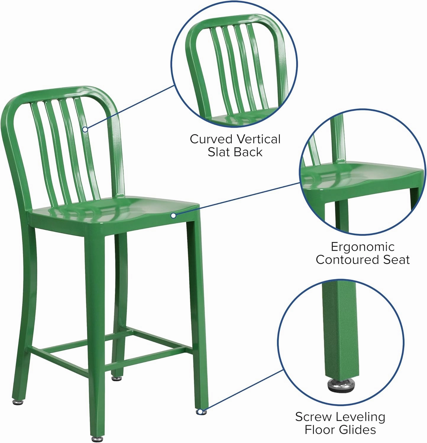 Flash Furniture Commercial Grade 24" High Green Metal Indoor-Outdoor Counter Height Stool with Vertical Slat Back