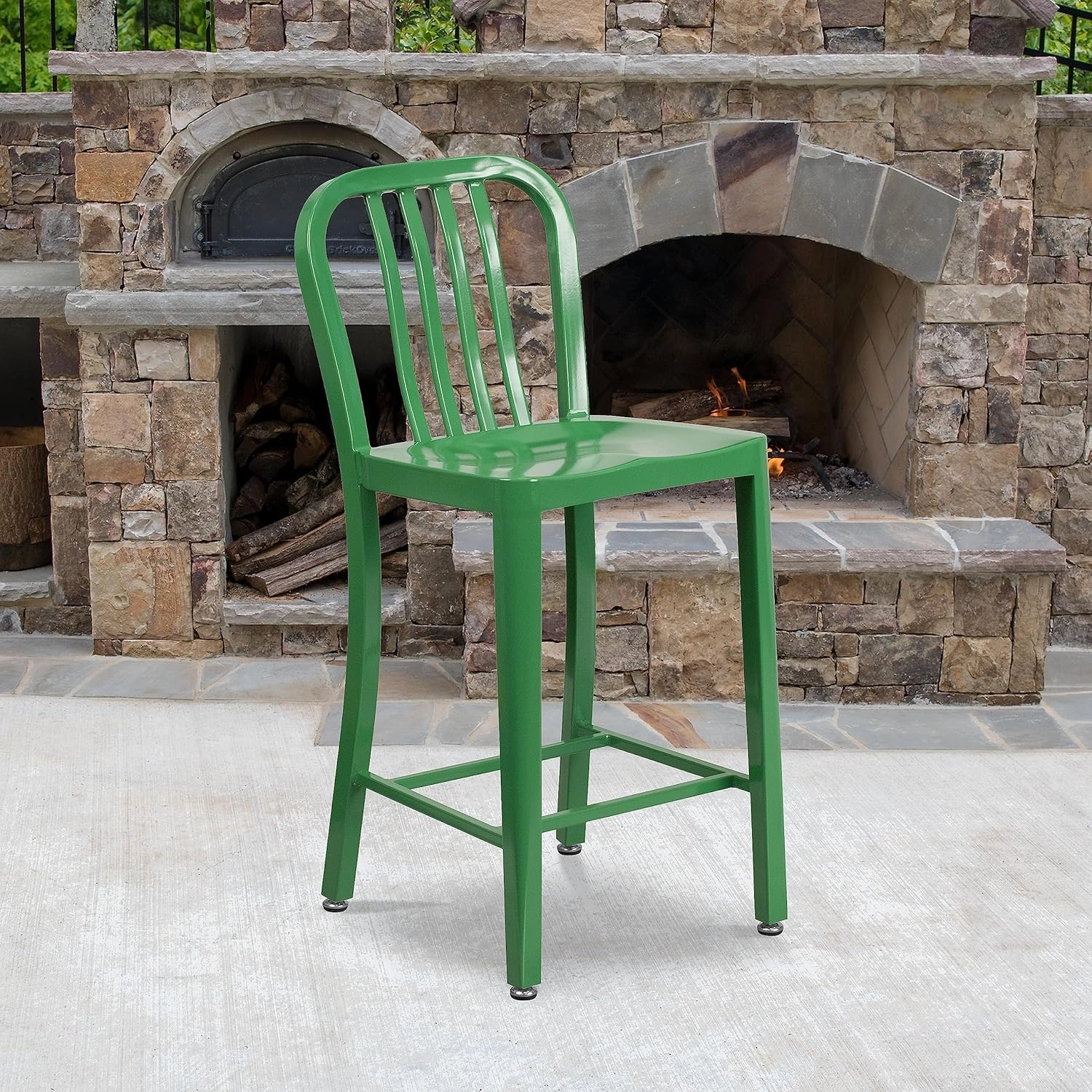 Flash Furniture Commercial Grade 24" High Green Metal Indoor-Outdoor Counter Height Stool with Vertical Slat Back
