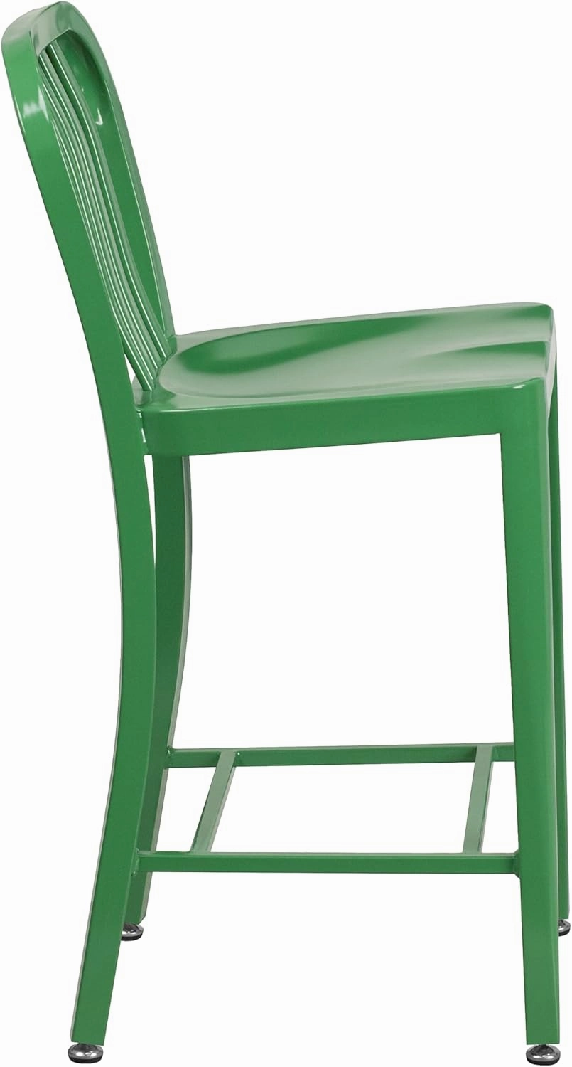 Flash Furniture Commercial Grade 24" High Green Metal Indoor-Outdoor Counter Height Stool with Vertical Slat Back