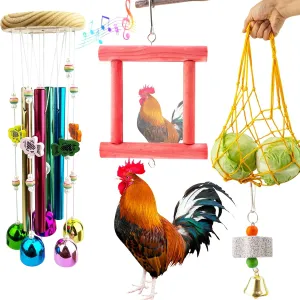 FlidRunest 4PCS Chicken Coop Accessries Toys Set, Chicken Wind Chime Toy, Vegetable String Bag, Mirror Toy and Chick Beak Grinding Calcium Stone, Hanging Enrichment Toys for Coop, for Hens Chick Bird
