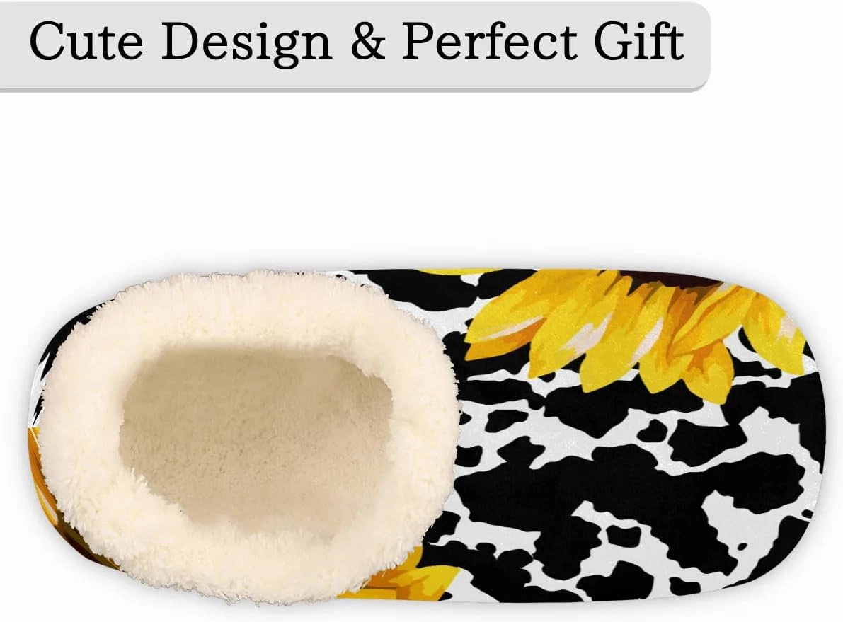 Floral Cow Print House Slippers for Women Men Indoor Fuzzy Sunflower Slippers Closed Back Bedroom Shoes Lightweight Cozy Non-slip Home Slippers