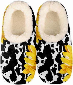 Floral Cow Print House Slippers for Women Men Indoor Fuzzy Sunflower Slippers Closed Back Bedroom Shoes Lightweight Cozy Non-slip Home Slippers