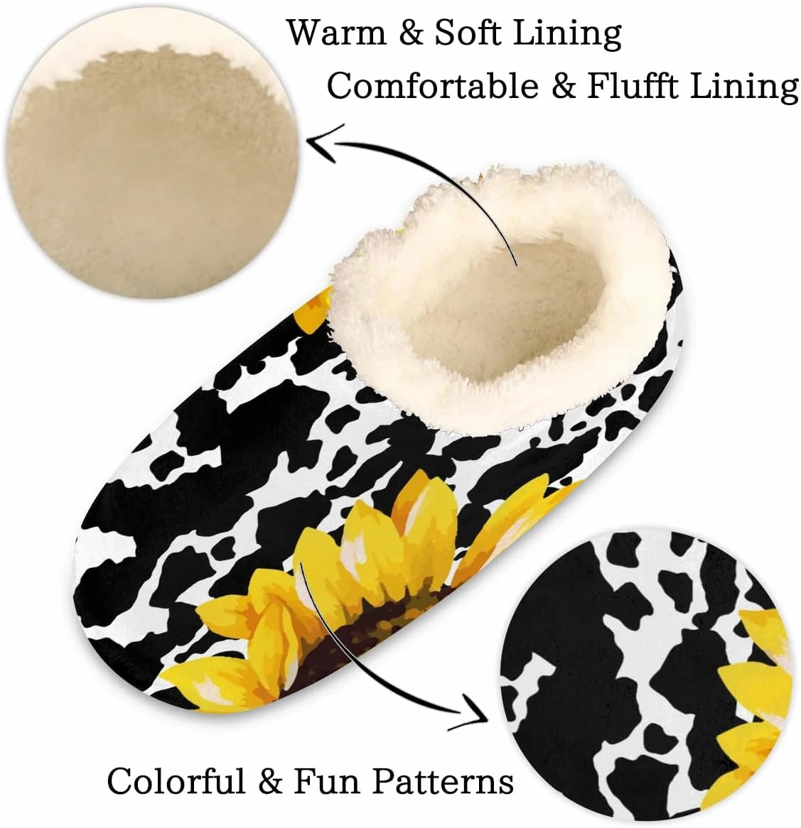 Floral Cow Print House Slippers for Women Men Indoor Fuzzy Sunflower Slippers Closed Back Bedroom Shoes Lightweight Cozy Non-slip Home Slippers