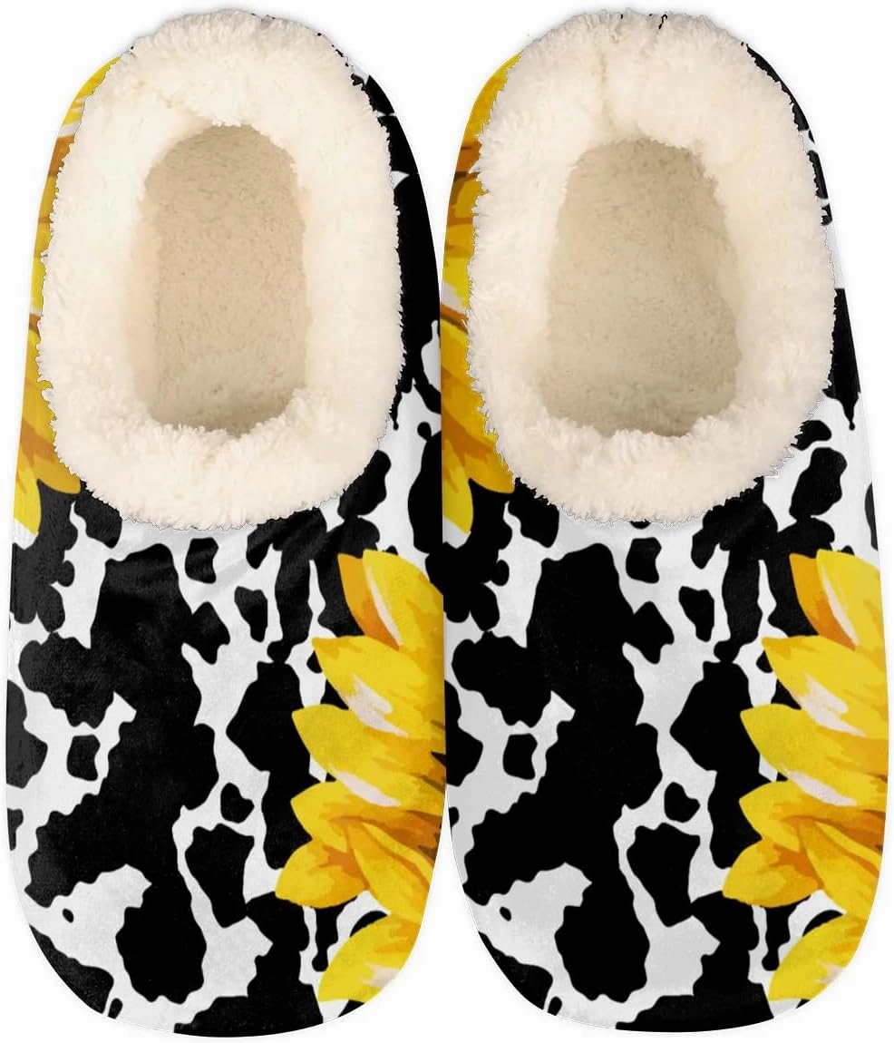 Floral Cow Print House Slippers for Women Men Indoor Fuzzy Sunflower Slippers Closed Back Bedroom Shoes Lightweight Cozy Non-slip Home Slippers