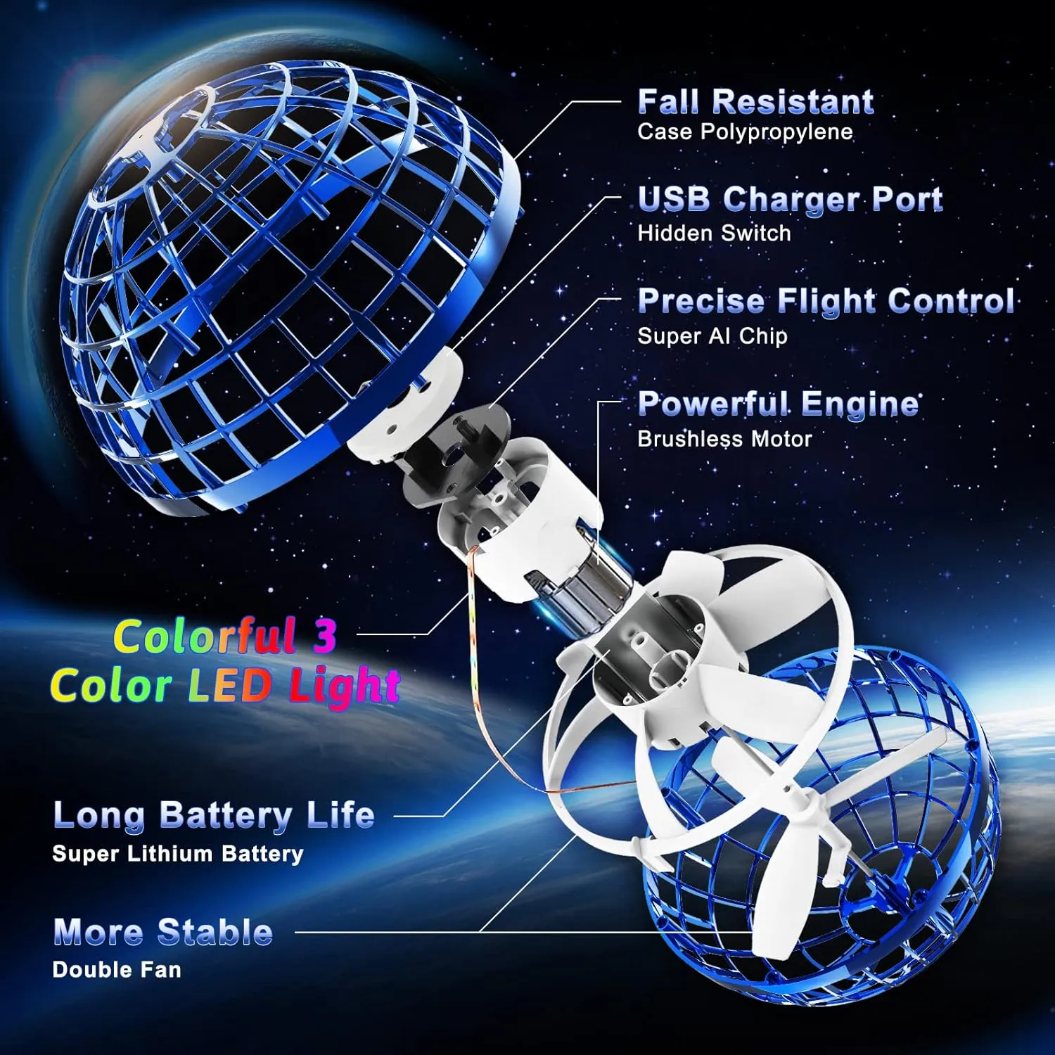 Flying Orb Ball Toy 2024, 2 Pack Galaxy Cosmic Globe UFO Boomerang Hover Ball Fidget Spinner Mini Drone for Kids Age 6-8-13, Cool Toys Gift for 6 7 8 9 10  Year Old Boys Girls Teens Outdoor Toys