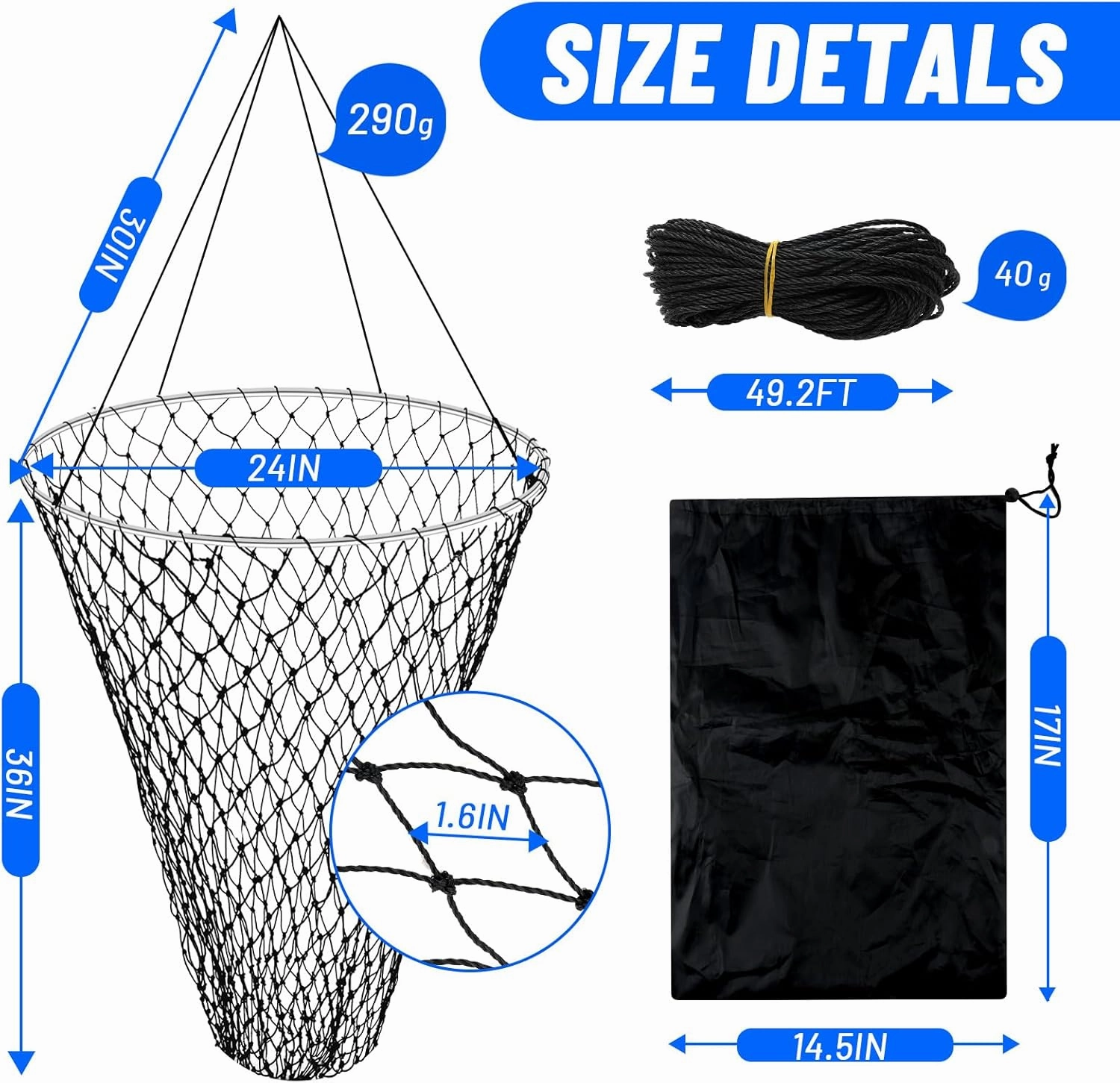 Foldable Bridge and Pier Fishing Net for Pier Fishing High Load Drop Net Fish Basket for Saltwater Freshwater Collapsible Basket with 49.2 FT Rope Soft Steel Hoop