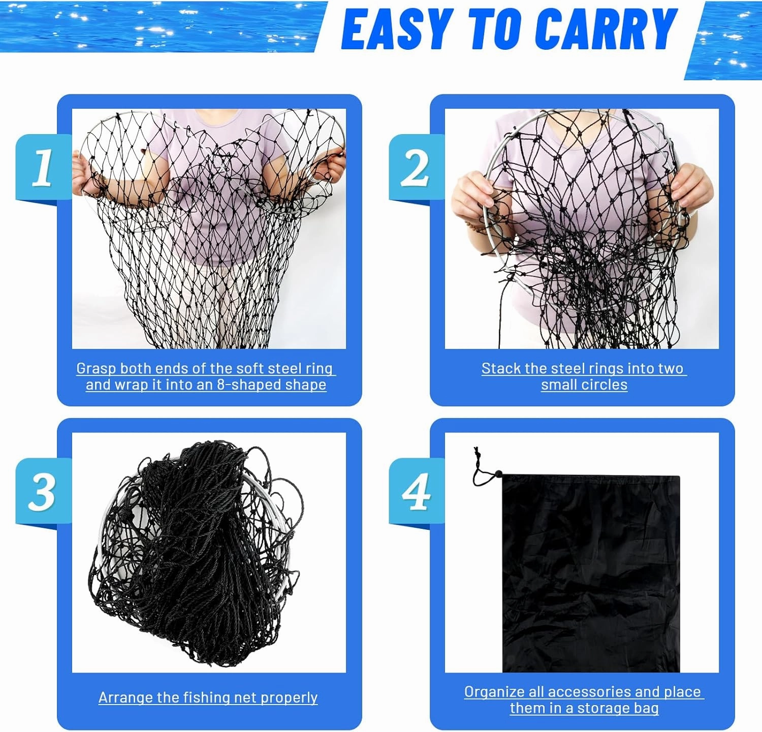 Foldable Bridge and Pier Fishing Net for Pier Fishing High Load Drop Net Fish Basket for Saltwater Freshwater Collapsible Basket with 49.2 FT Rope Soft Steel Hoop