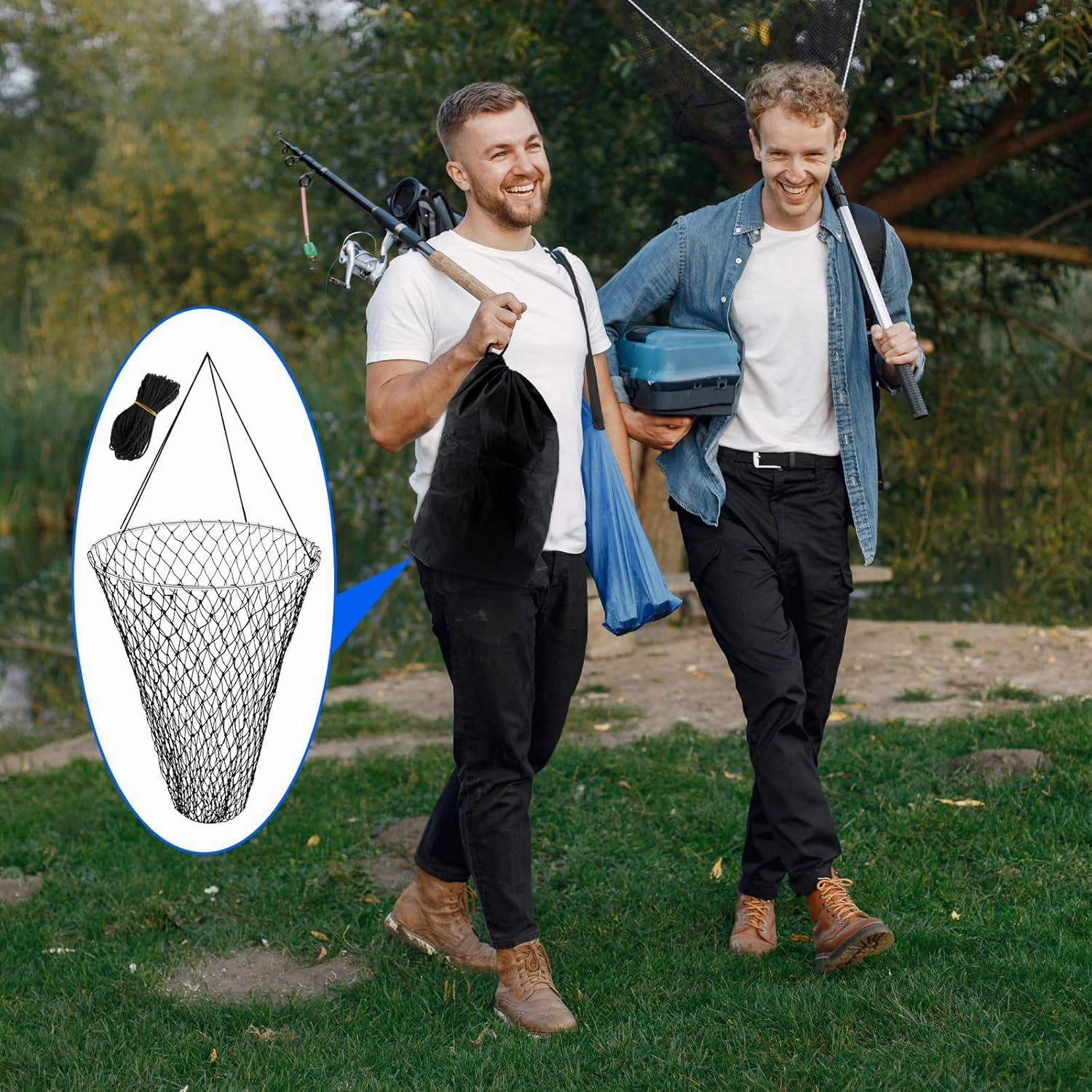 Foldable Bridge and Pier Fishing Net for Pier Fishing High Load Drop Net Fish Basket for Saltwater Freshwater Collapsible Basket with 49.2 FT Rope Soft Steel Hoop