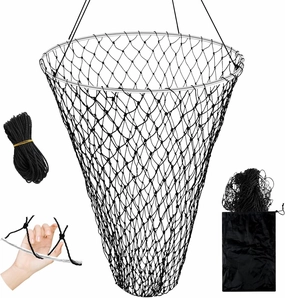 Foldable Bridge and Pier Fishing Net for Pier Fishing High Load Drop Net Fish Basket for Saltwater Freshwater Collapsible Basket with 49.2 FT Rope Soft Steel Hoop