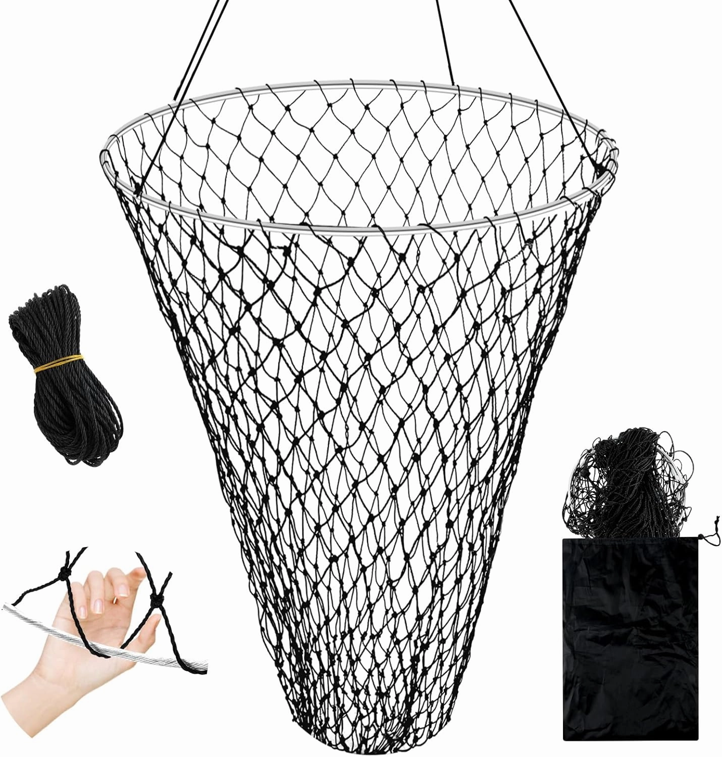 Foldable Bridge and Pier Fishing Net for Pier Fishing High Load Drop Net Fish Basket for Saltwater Freshwater Collapsible Basket with 49.2 FT Rope Soft Steel Hoop