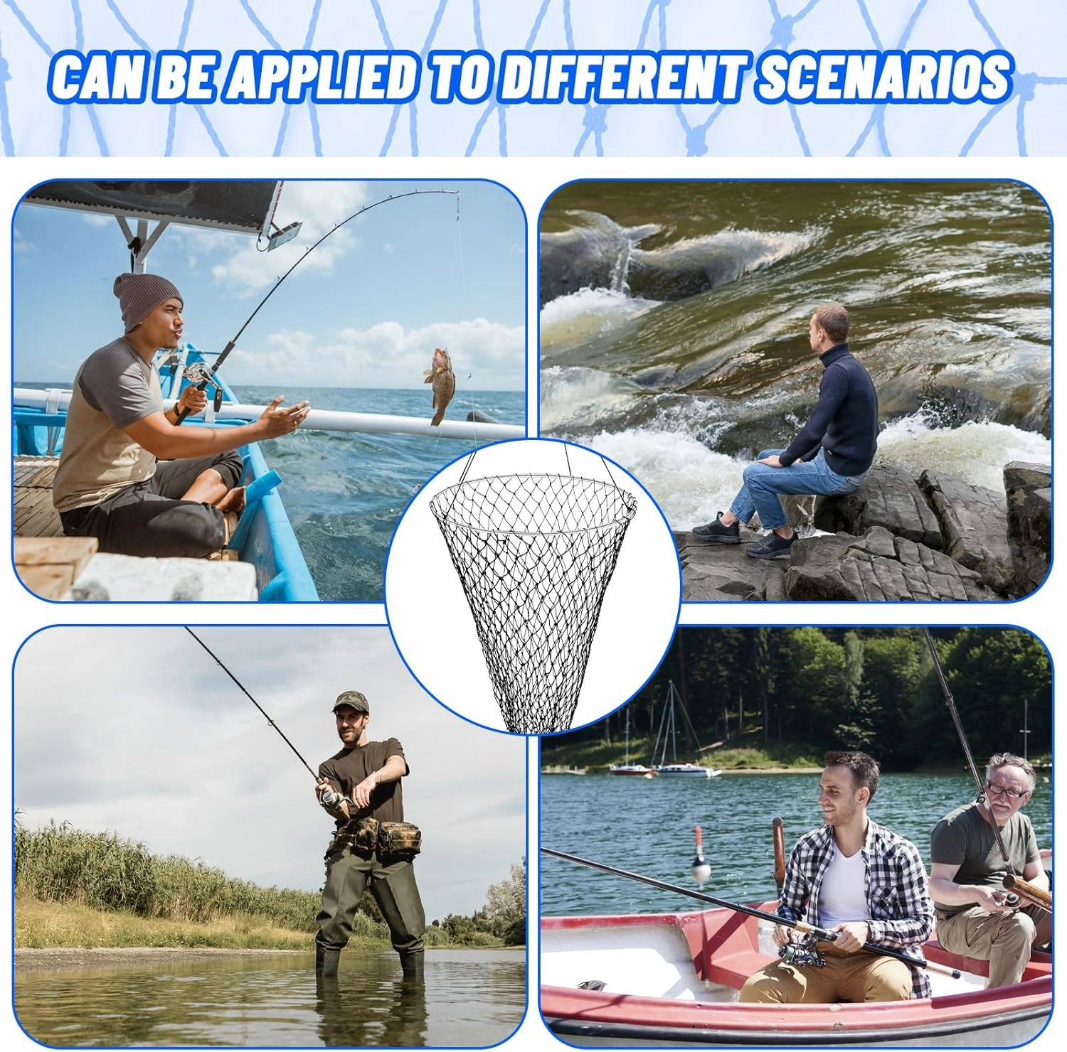 Foldable Bridge and Pier Fishing Net for Pier Fishing High Load Drop Net Fish Basket for Saltwater Freshwater Collapsible Basket with 49.2 FT Rope Soft Steel Hoop