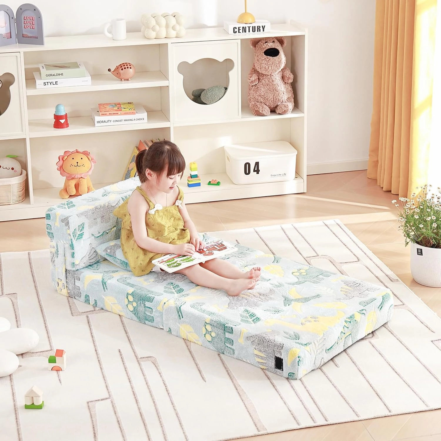 Folding Sofa Bed Floor Mattress for Kids With Pillow, Toddler Glow Washable Nap Mat for Sleeping, Child Fold Up Futon Chair Bed With Storage Bag for Girls Boys