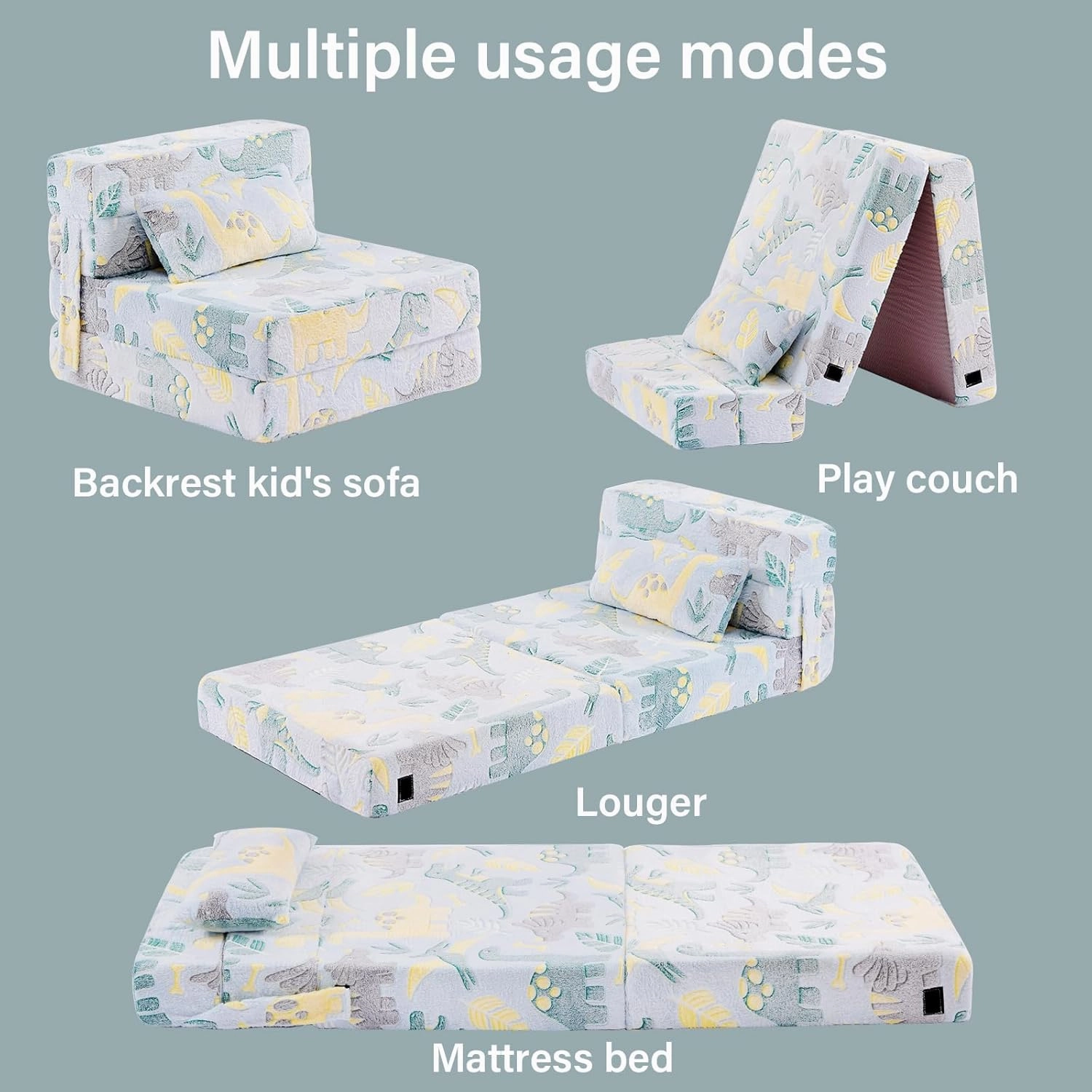 Folding Sofa Bed Floor Mattress for Kids With Pillow, Toddler Glow Washable Nap Mat for Sleeping, Child Fold Up Futon Chair Bed With Storage Bag for Girls Boys