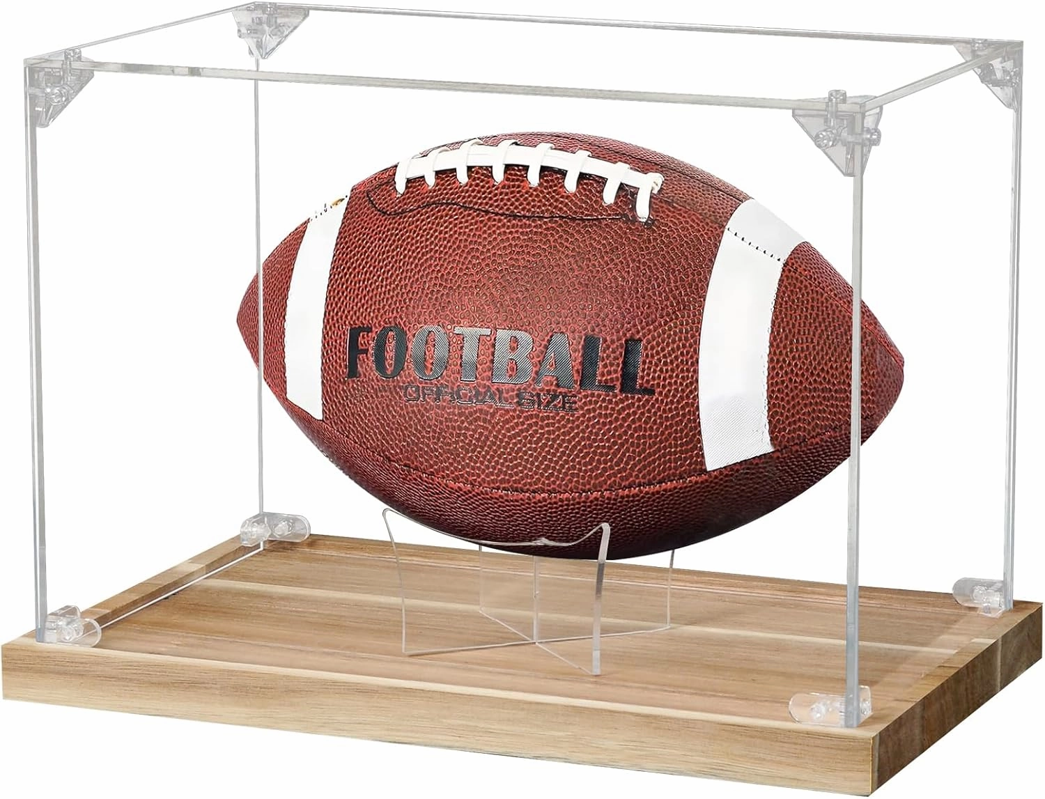 Football Display Case Acrylic Clear, Removable Football Stand Holder Full Size with Solid Wood Base, UV Protected Football Display Box for Football Fans, Collectors, Memorabilia, Gift