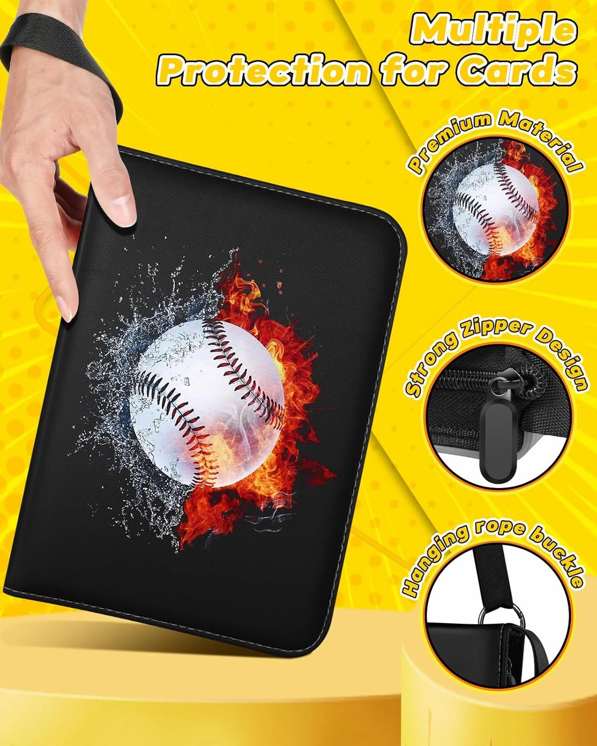 for 4 Pocket Card Binder with 440 Pockets - Trading Card Collection Album Folder for Men Boys Teens Ball and Fire Design for Sports Cards Game Cards with Zipper Hand Carrying Rope