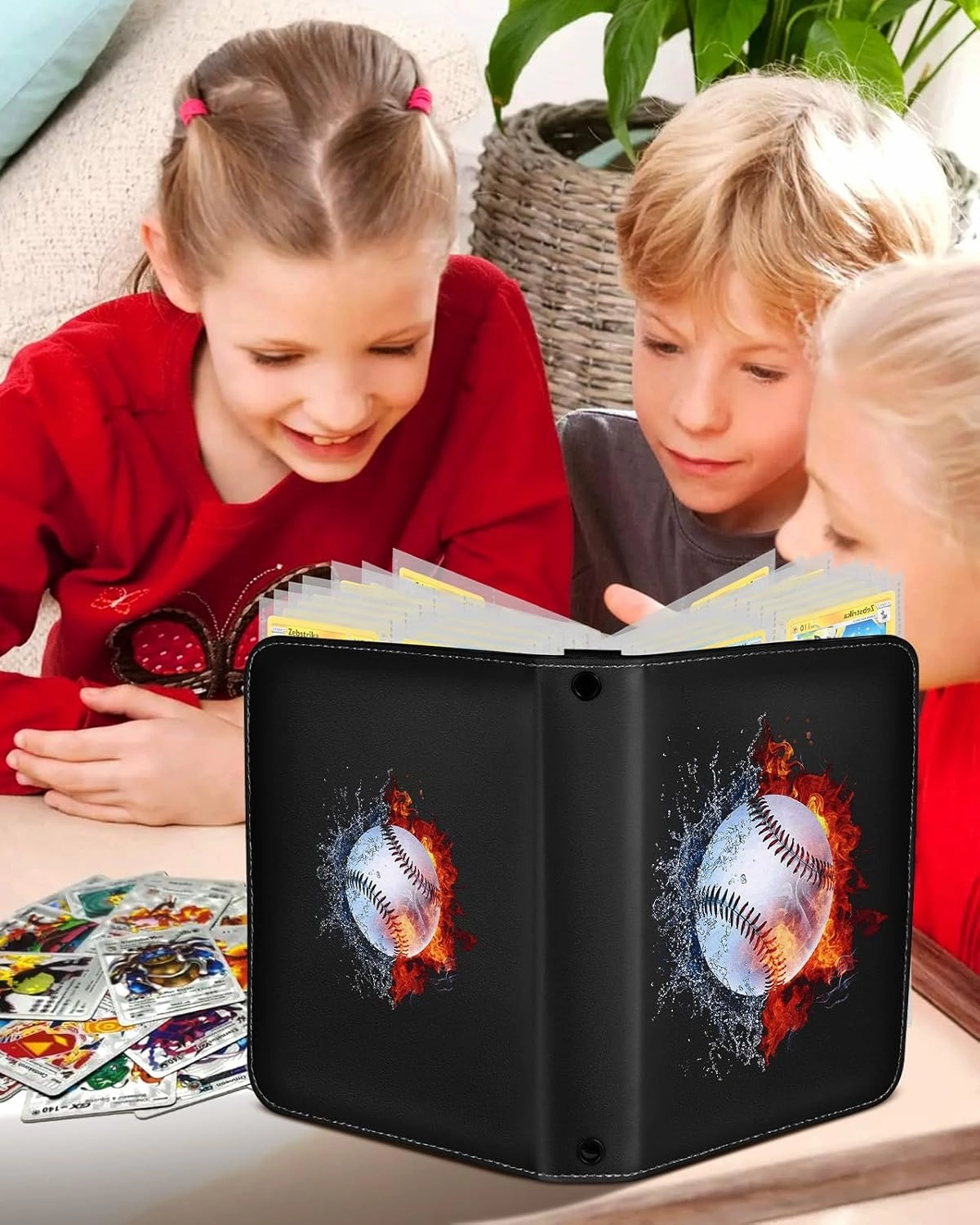 for 4 Pocket Card Binder with 440 Pockets - Trading Card Collection Album Folder for Men Boys Teens Ball and Fire Design for Sports Cards Game Cards with Zipper Hand Carrying Rope