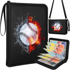 for 4 Pocket Card Binder with 440 Pockets - Trading Card Collection Album Folder for Men Boys Teens Ball and Fire Design for Sports Cards Game Cards with Zipper Hand Carrying Rope