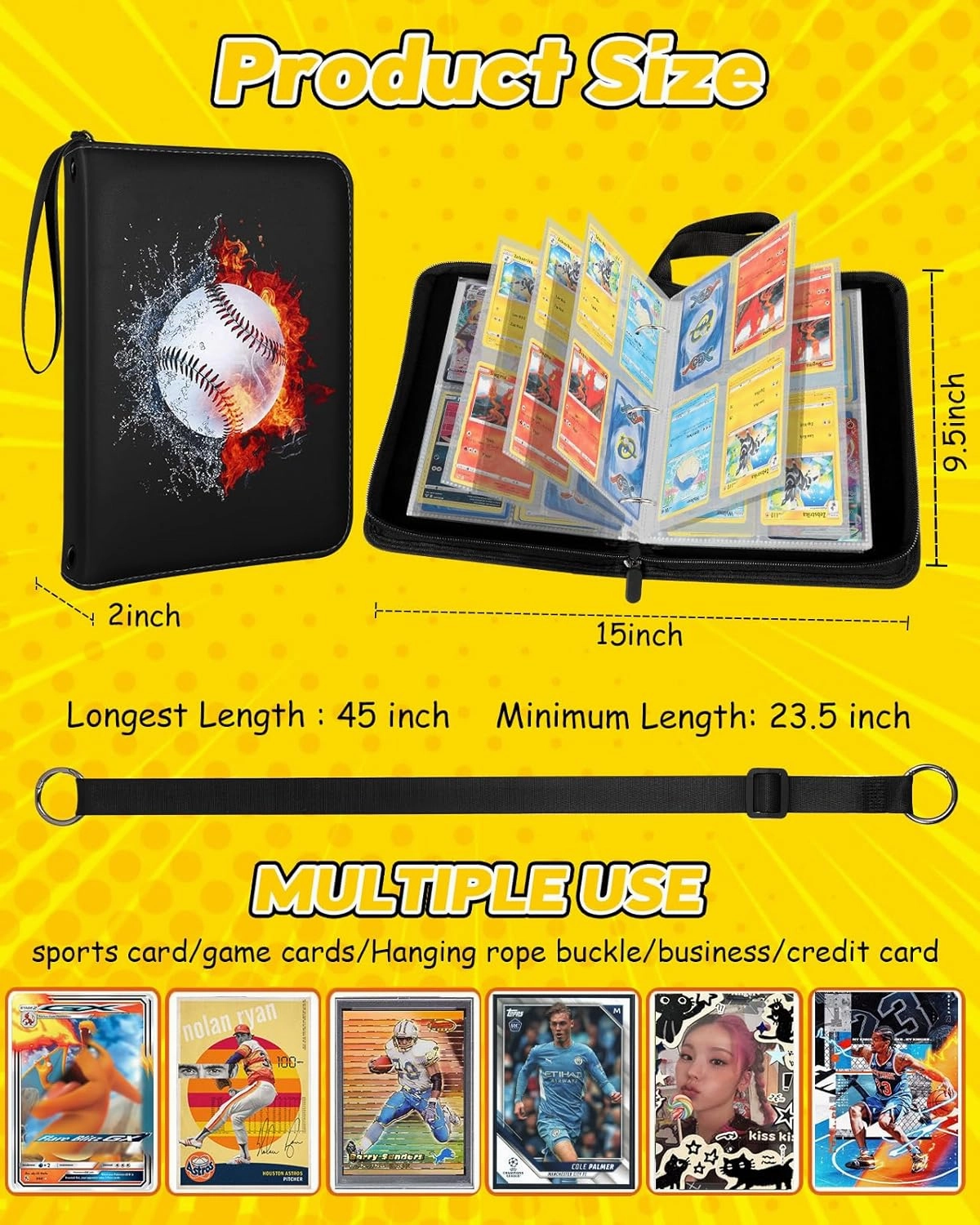 for 4 Pocket Card Binder with 440 Pockets - Trading Card Collection Album Folder for Men Boys Teens Ball and Fire Design for Sports Cards Game Cards with Zipper Hand Carrying Rope