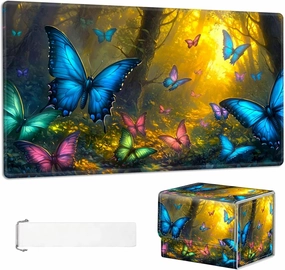 for Mtg Deck Box & Mtg Playmat, Colorful Blue Butterfly Forest Versatile Trading Card Storage Box Solution and Card Sleeves, Keep Your Cards Organized and Protected