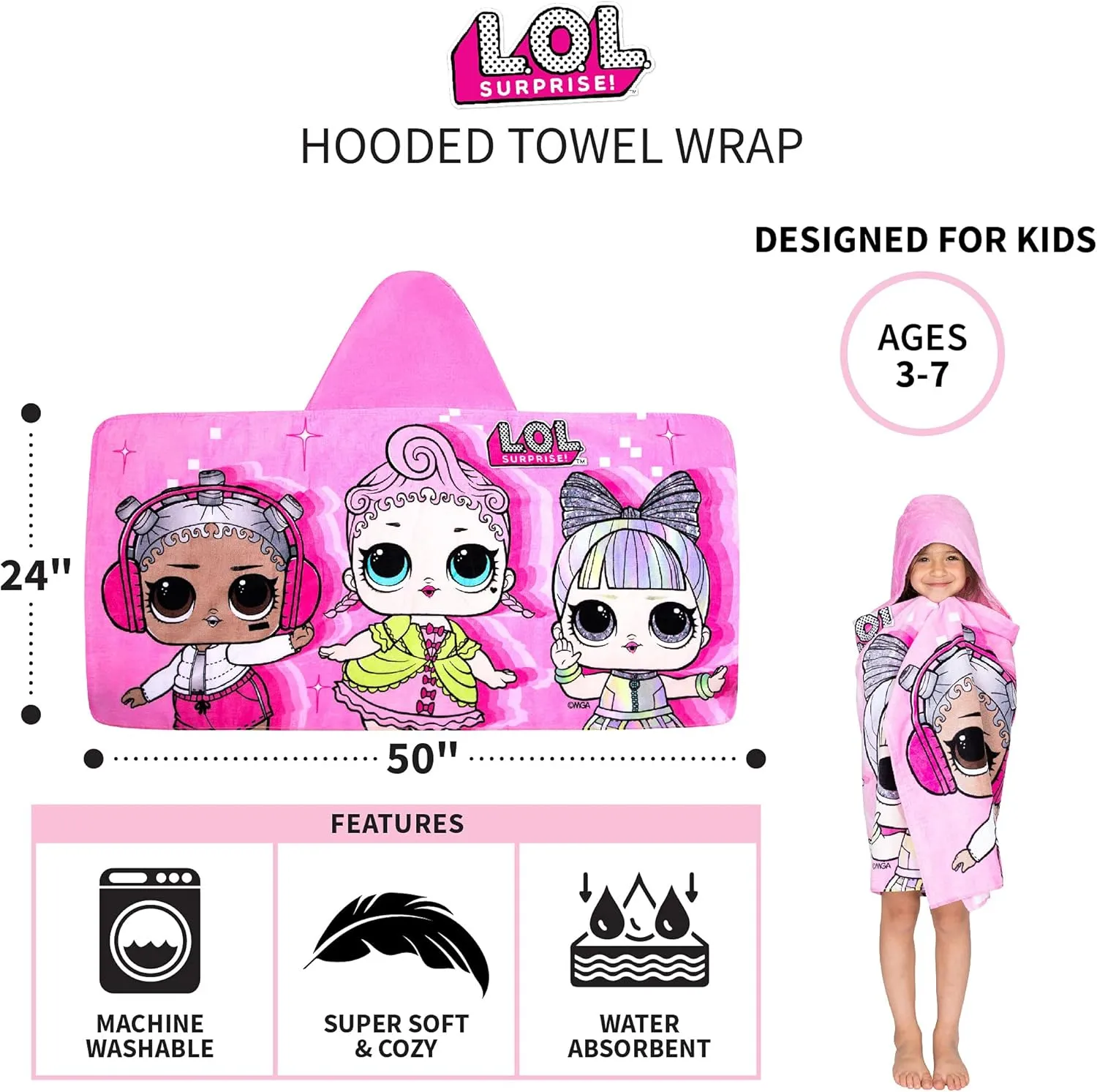Franco Kids Bath and Beach Soft Cotton Terry Hooded Towel Wrap, 24 in x 50 in, LOL Surprise