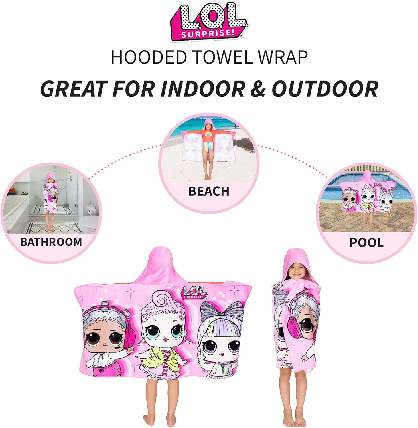 Franco Kids Bath and Beach Soft Cotton Terry Hooded Towel Wrap, 24 in x 50 in, LOL Surprise