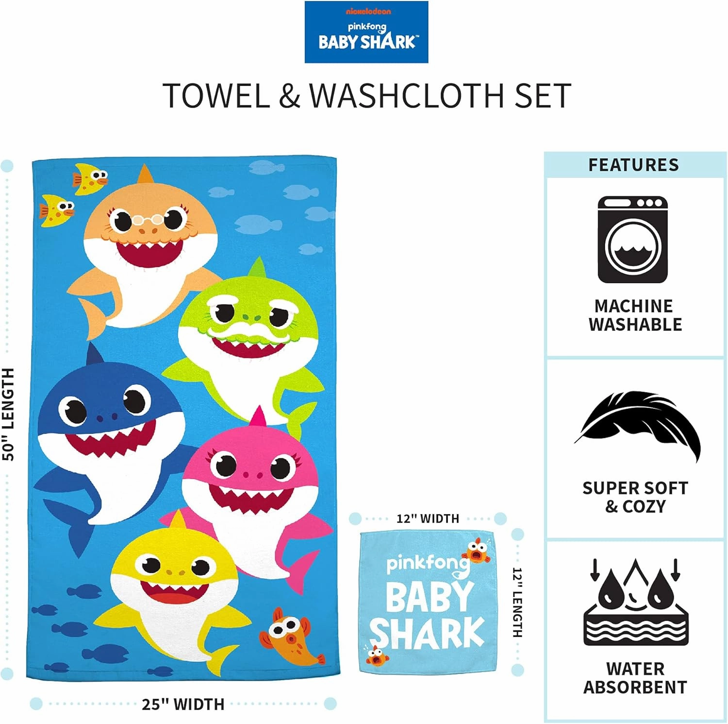 Franco Baby Shark Kids Bath/Pool/Beach Soft Absorbent Cotton Terry Towel with Washcloth 2 Piece Set, 50 in x 25 in