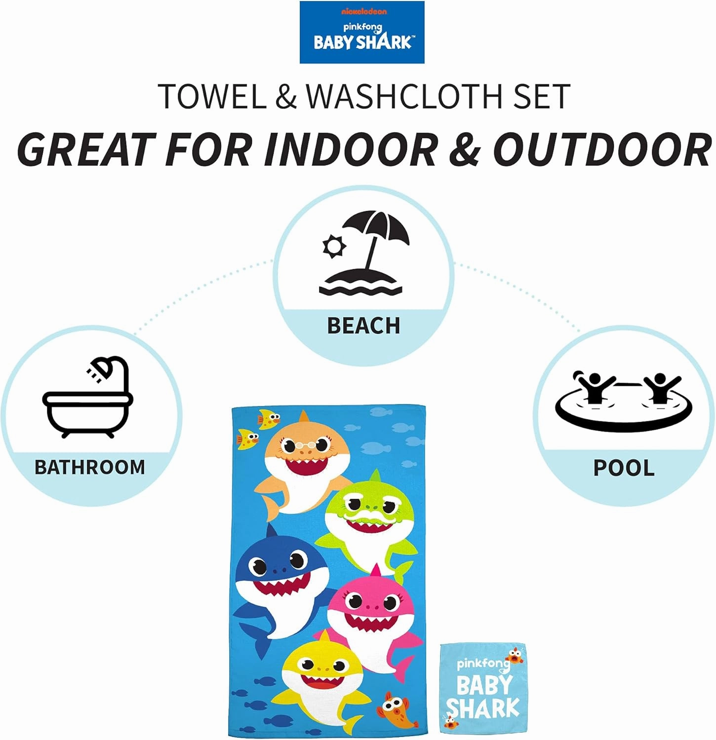 Franco Baby Shark Kids Bath/Pool/Beach Soft Absorbent Cotton Terry Towel with Washcloth 2 Piece Set, 50 in x 25 in