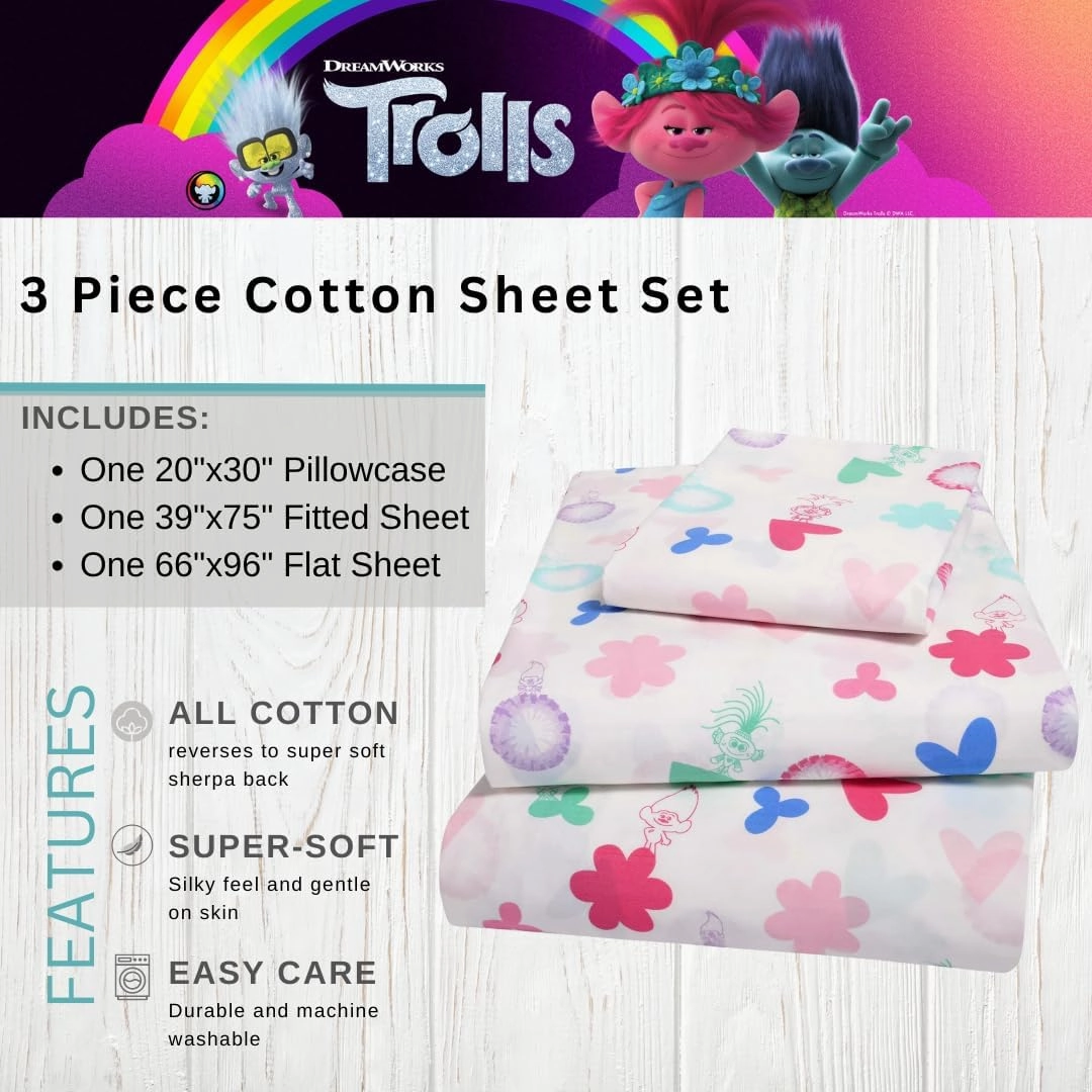 Franco DreamWorks Trolls Kids Luxury Bedding Super Soft Premium Cotton 3 Piece Sheet Set, Twin, (Officially Licensed Product)