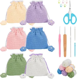 FREEBLOSS 5 Set DIY Crochet Bag Kit Crochet Flower Drawstring Bag Crochet Kit for Beginners with Video Tutorials Crochet Starter Kit Crochet Yarn and Hook Set Crochet Kit for Beginners Gift