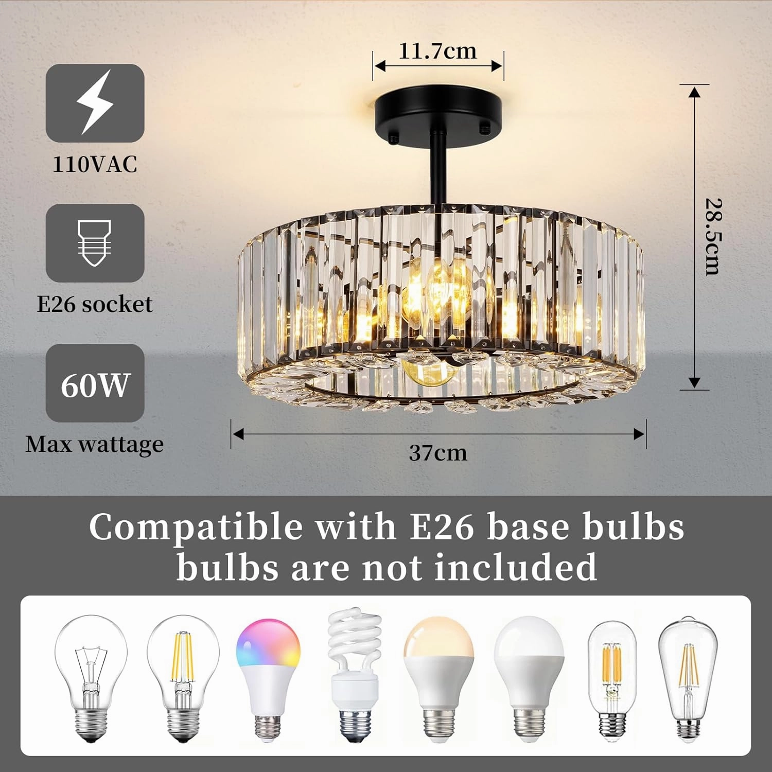 FRIDEKO HOME 4-Light Crystal Ceiling Light Fixture - 14.5 Inch Modern Semi Flush Mount Ceiling Light Crystal Chandelier for Kitchen Bedroom Dinning Room Entryway - Black