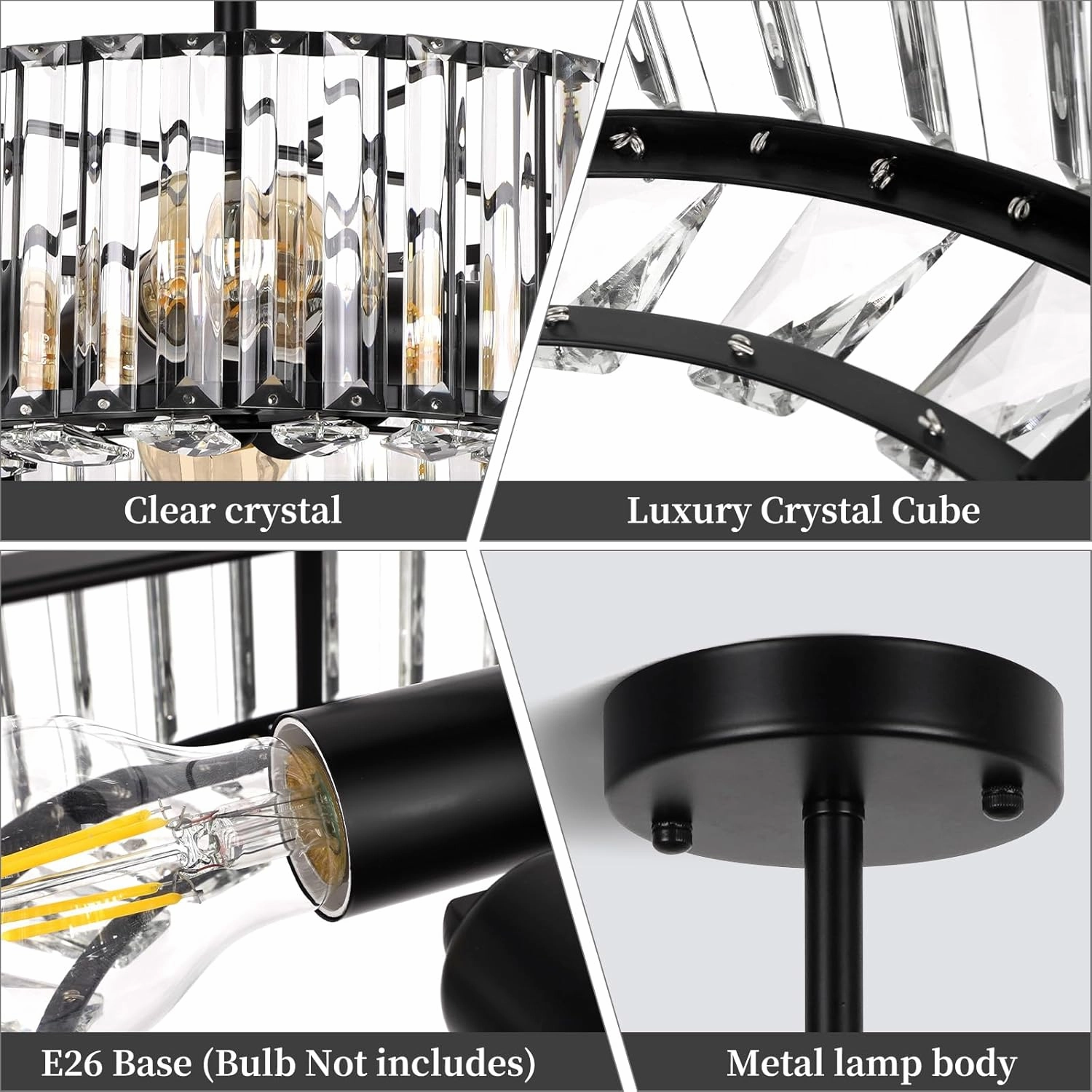 FRIDEKO HOME 4-Light Crystal Ceiling Light Fixture - 14.5 Inch Modern Semi Flush Mount Ceiling Light Crystal Chandelier for Kitchen Bedroom Dinning Room Entryway - Black