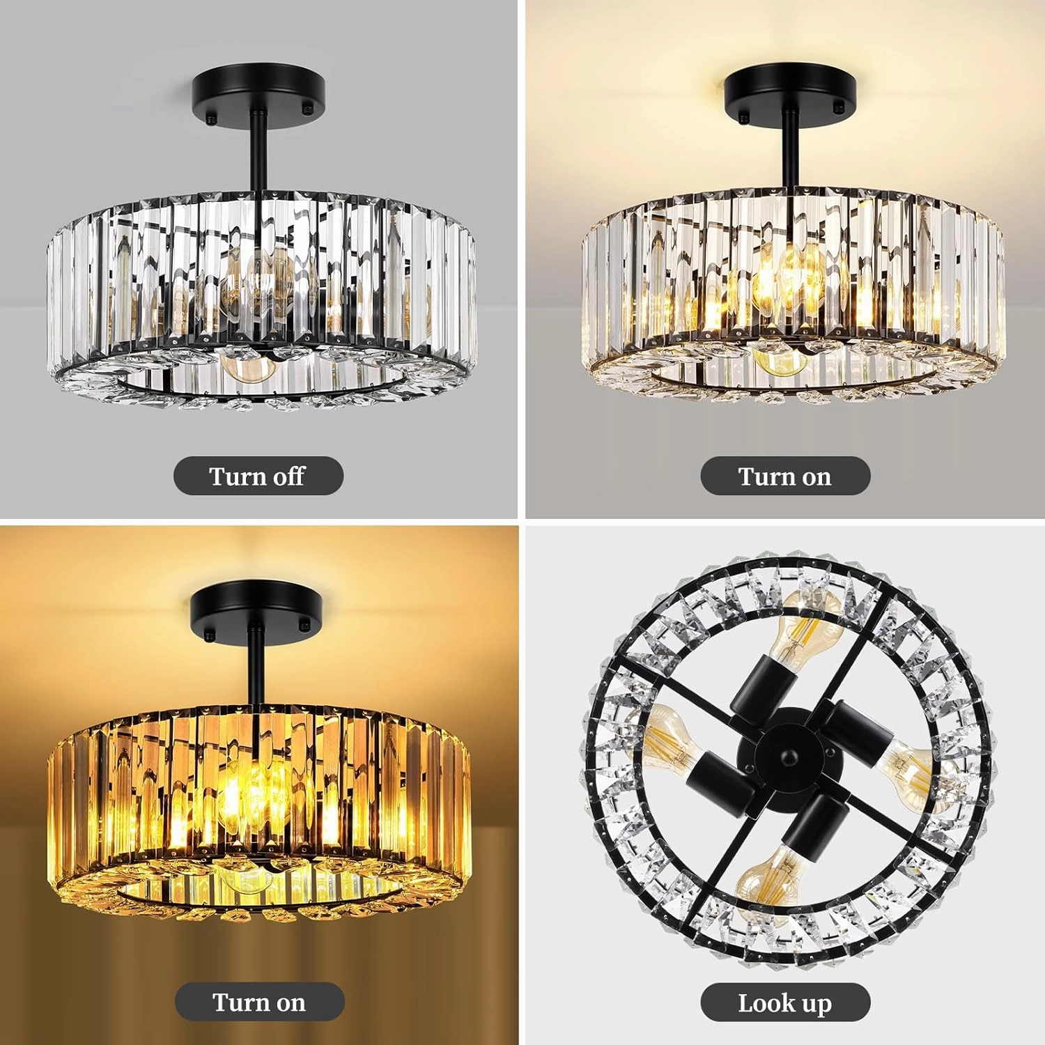 FRIDEKO HOME 4-Light Crystal Ceiling Light Fixture - 14.5 Inch Modern Semi Flush Mount Ceiling Light Crystal Chandelier for Kitchen Bedroom Dinning Room Entryway - Black