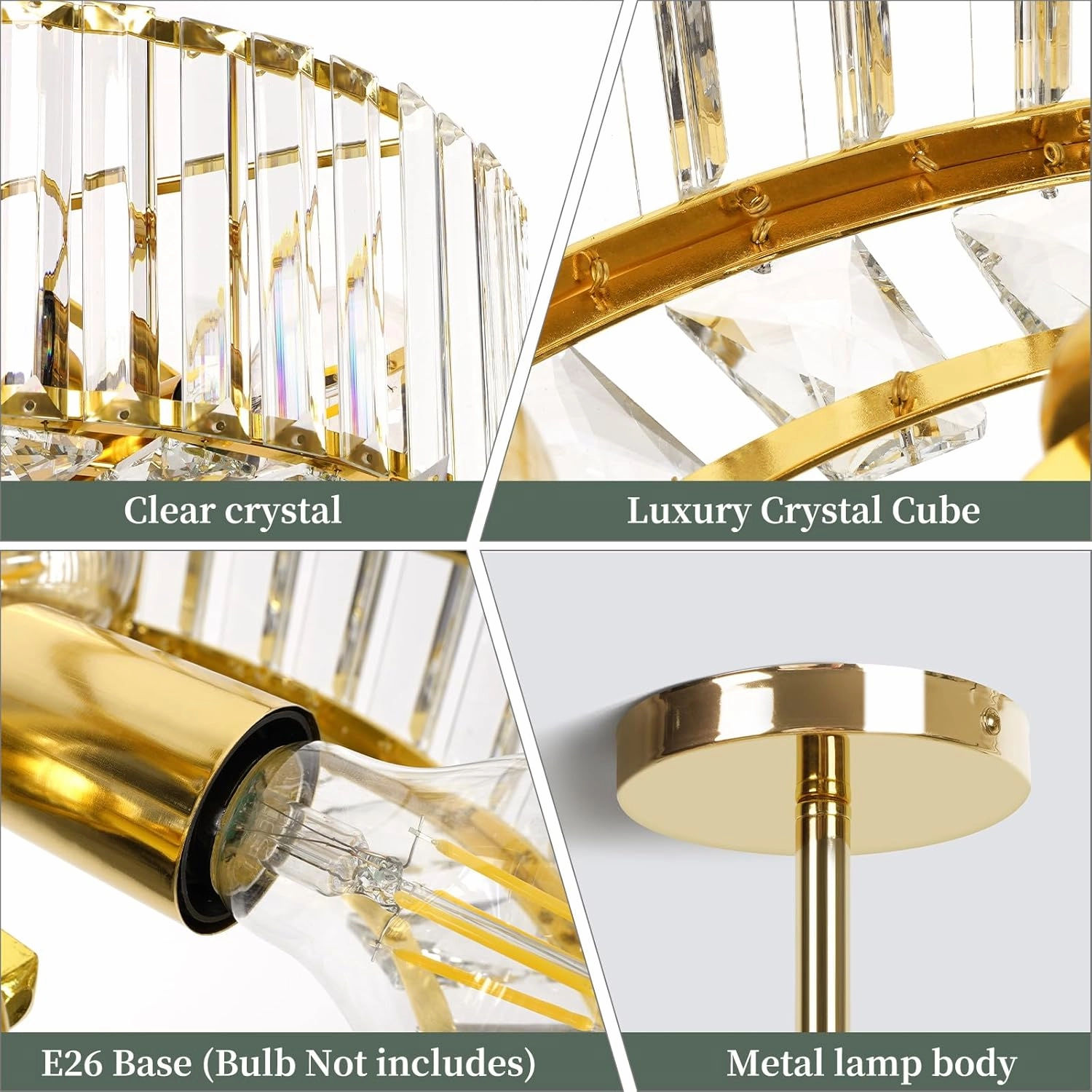 FRIDEKO HOME 4-Light Crystal Ceiling Light Fixture - 14.5 Inch Modern Semi Flush Mount Ceiling Light Crystal Chandelier for Kitchen Bedroom Dinning Room Hallway - Gold