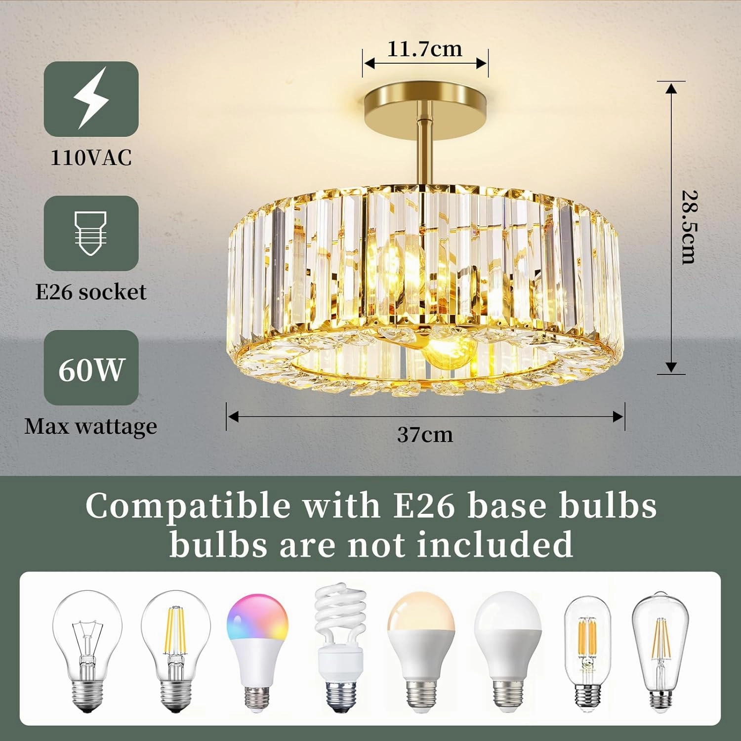 FRIDEKO HOME 4-Light Crystal Ceiling Light Fixture - 14.5 Inch Modern Semi Flush Mount Ceiling Light Crystal Chandelier for Kitchen Bedroom Dinning Room Hallway - Gold