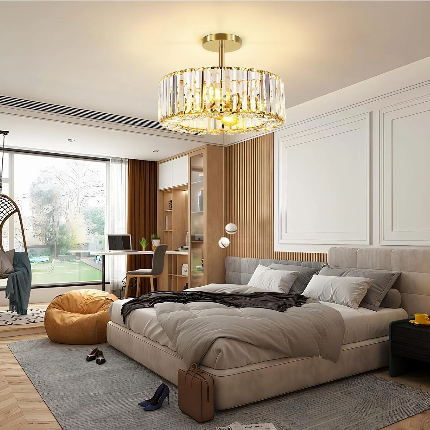 FRIDEKO HOME 4-Light Crystal Ceiling Light Fixture - 14.5 Inch Modern Semi Flush Mount Ceiling Light Crystal Chandelier for Kitchen Bedroom Dinning Room Hallway - Gold
