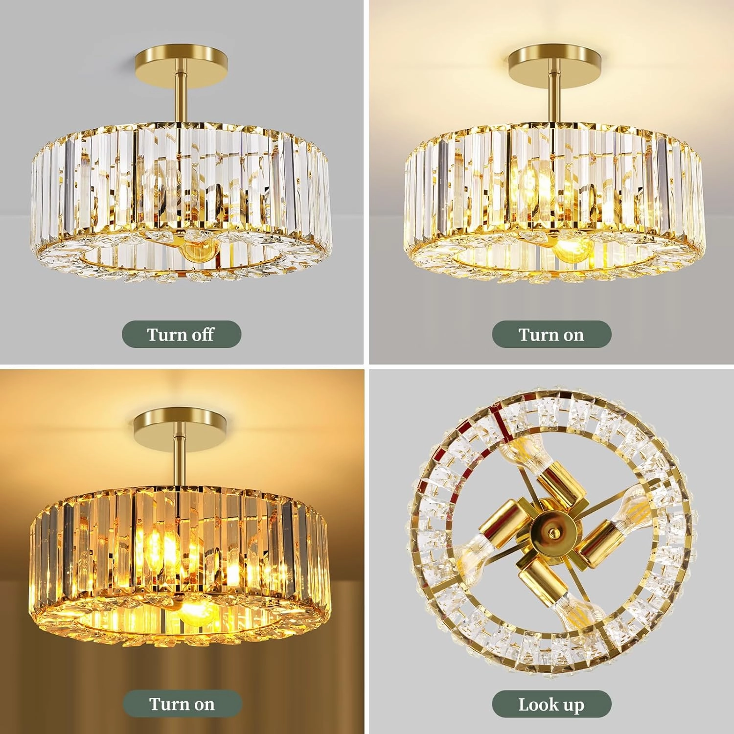 FRIDEKO HOME 4-Light Crystal Ceiling Light Fixture - 14.5 Inch Modern Semi Flush Mount Ceiling Light Crystal Chandelier for Kitchen Bedroom Dinning Room Hallway - Gold