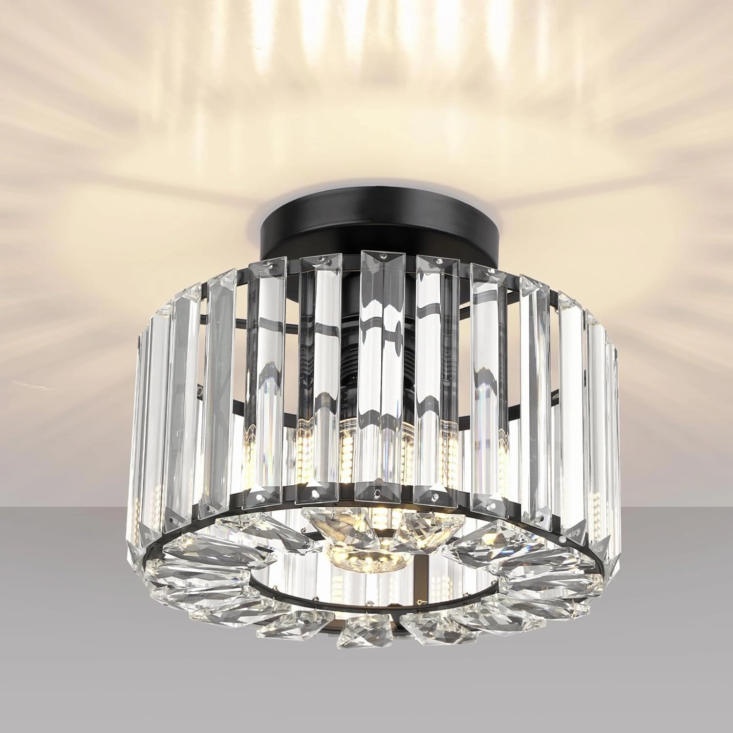 FRIDEKO HOME Semi Flush Mount Ceiling Light - Crystal Hallway Light Mini Chandelier Kitchen Lighting Fixtures Ceiling Black Flush Mount Lights for Bedroom Bathroom Entryway Dining Room Porch
