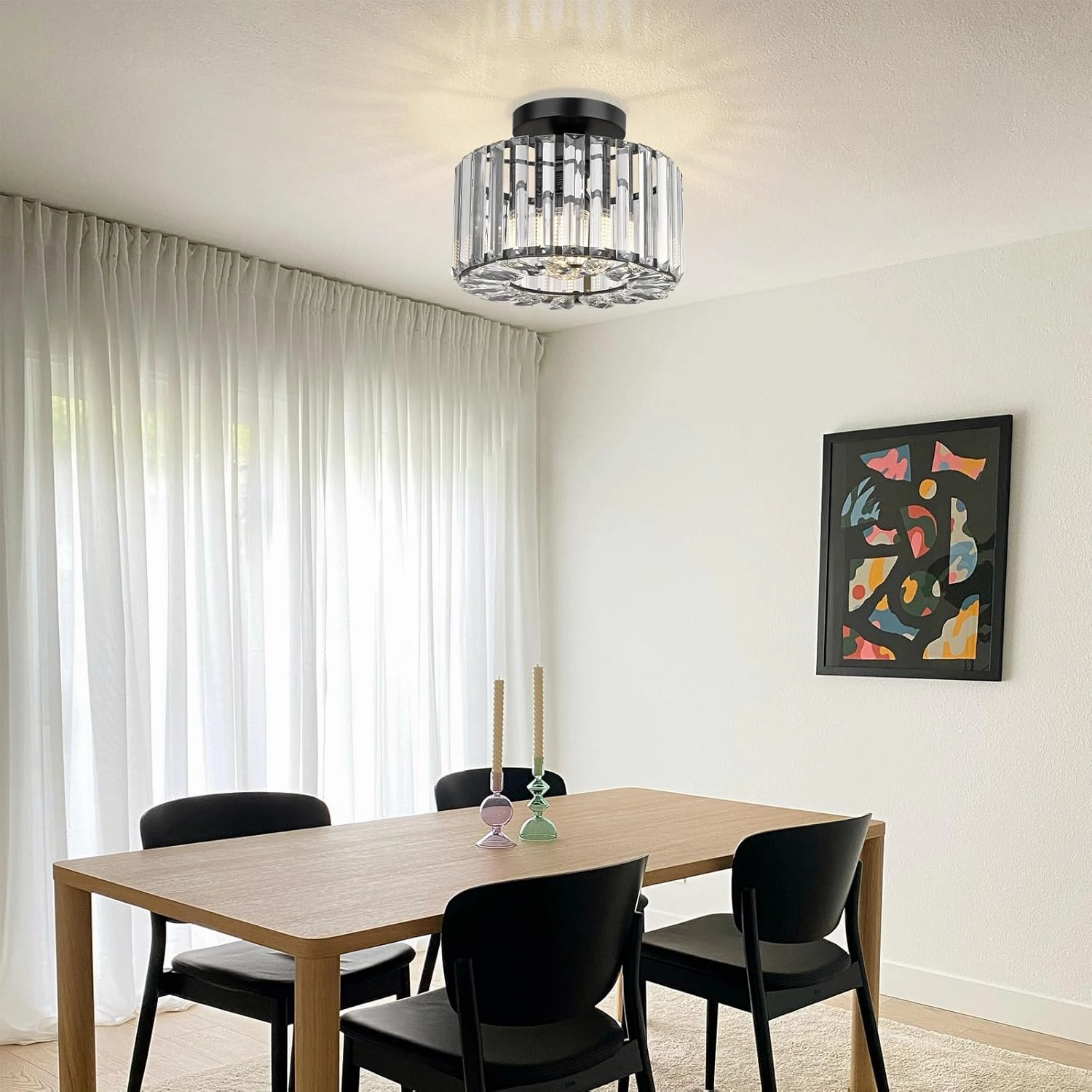 FRIDEKO HOME Semi Flush Mount Ceiling Light - Crystal Hallway Light Mini Chandelier Kitchen Lighting Fixtures Ceiling Black Flush Mount Lights for Bedroom Bathroom Entryway Dining Room Porch