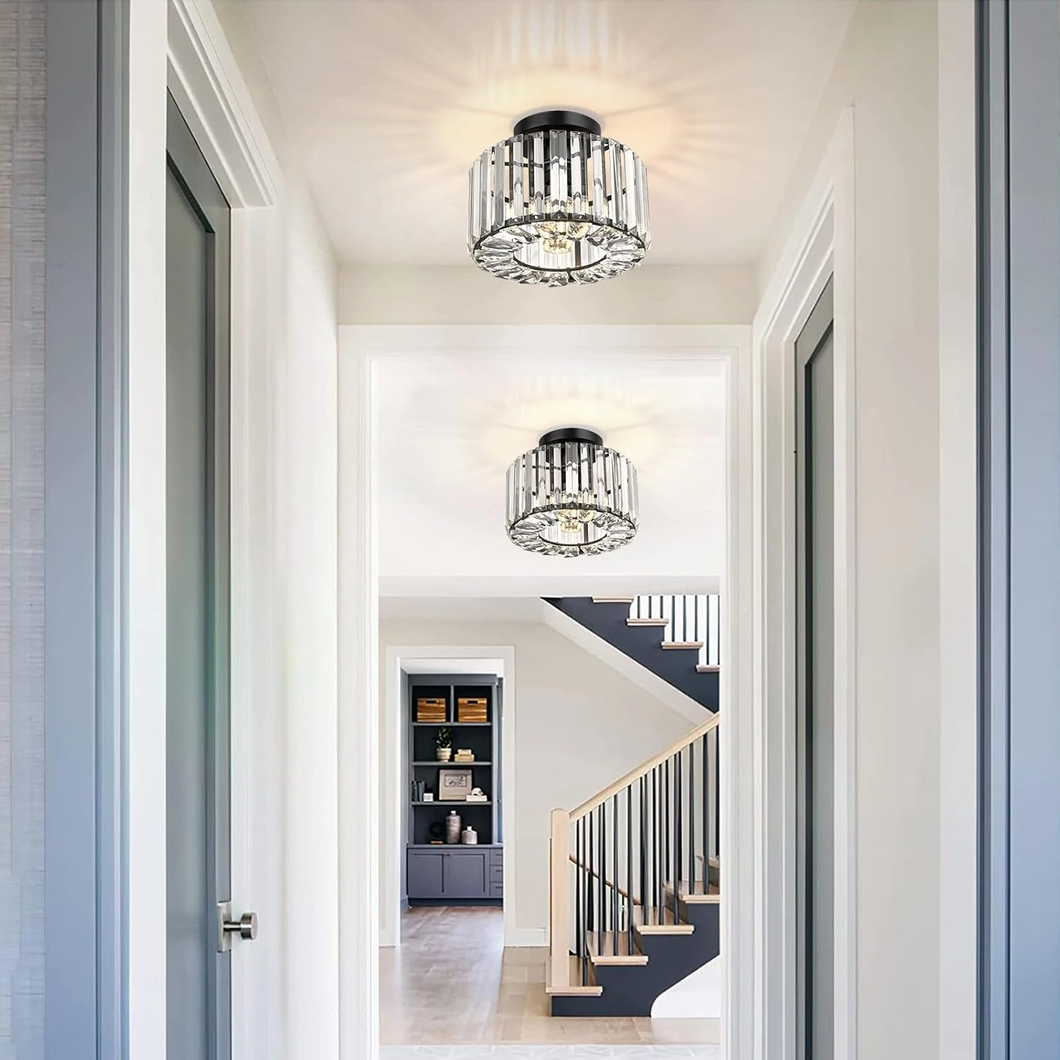 FRIDEKO HOME Semi Flush Mount Ceiling Light - Crystal Hallway Light Mini Chandelier Kitchen Lighting Fixtures Ceiling Black Flush Mount Lights for Bedroom Bathroom Entryway Dining Room Porch