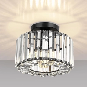 FRIDEKO HOME Semi Flush Mount Ceiling Light - Crystal Hallway Light Mini Chandelier Kitchen Lighting Fixtures Ceiling Black Flush Mount Lights for Bedroom Bathroom Entryway Dining Room Porch