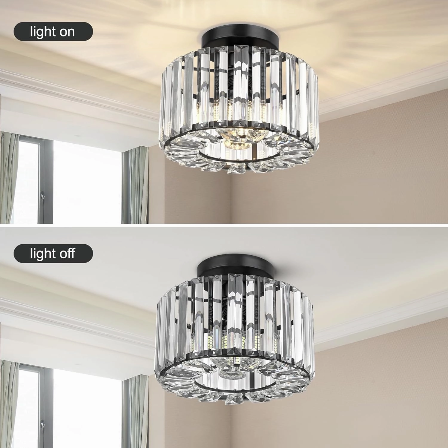 FRIDEKO HOME Semi Flush Mount Ceiling Light - Crystal Hallway Light Mini Chandelier Kitchen Lighting Fixtures Ceiling Black Flush Mount Lights for Bedroom Bathroom Entryway Dining Room Porch